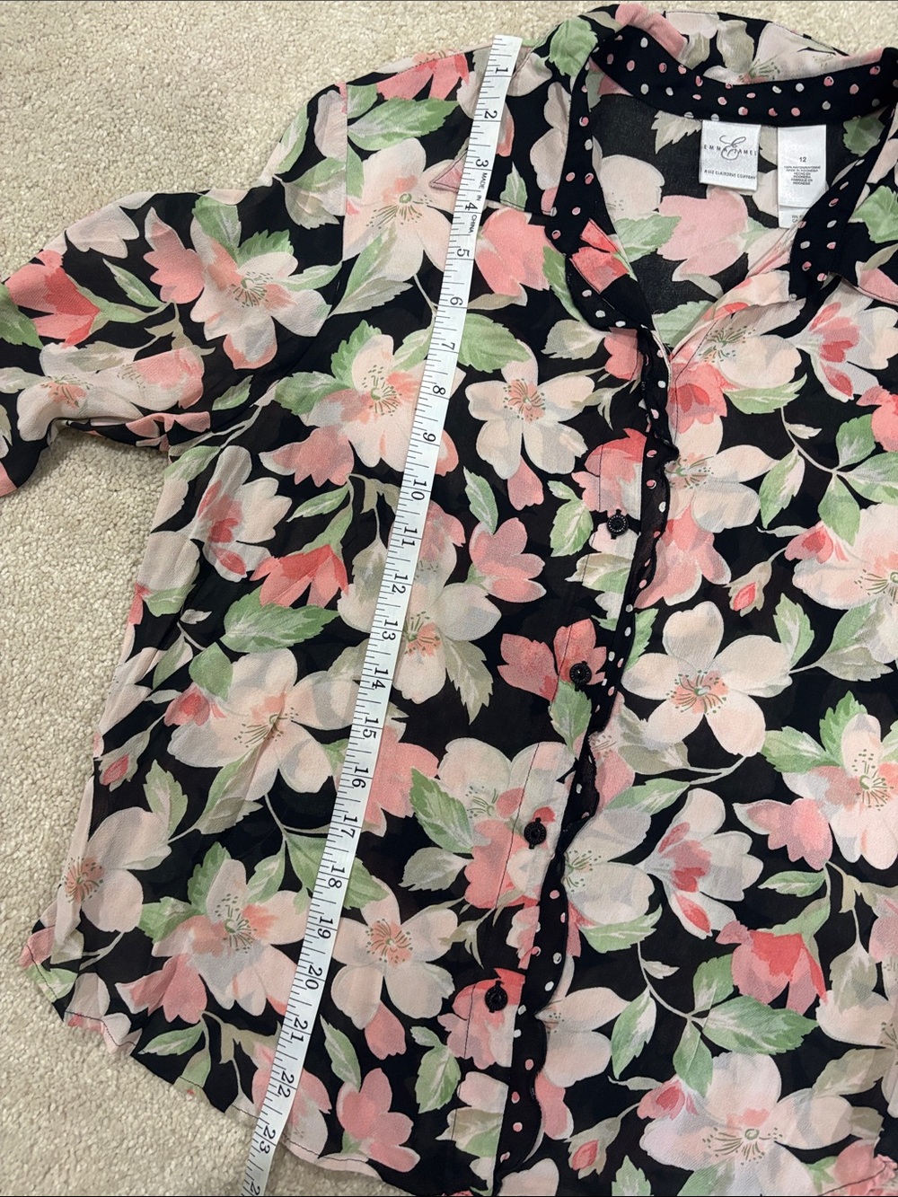 100% Rayon Women's Black Floral Button-Front Blouse - Pink Floral - Picture 6 of 6